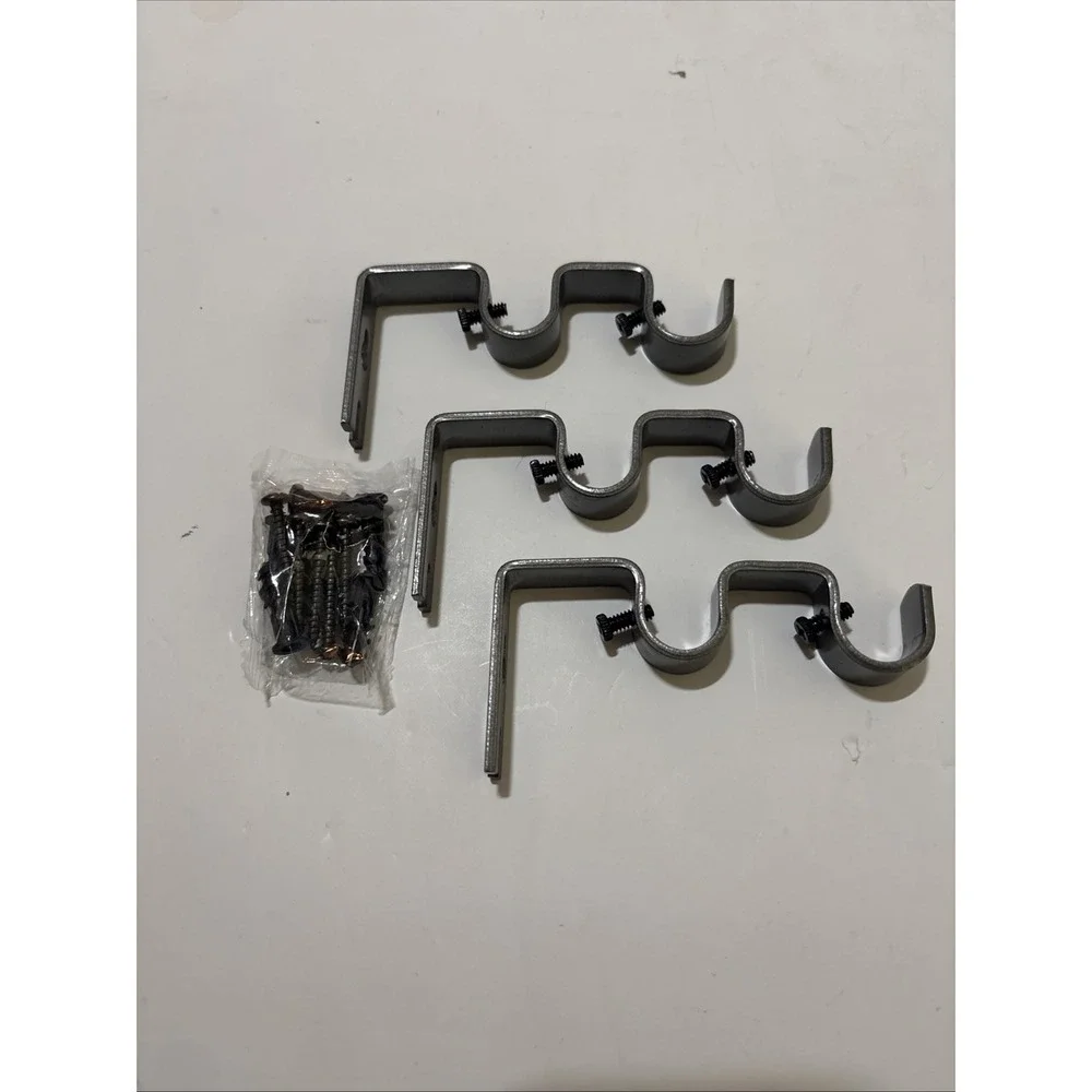 Double Curtain Rod Brackets 3 pc Gun Metal Gray Heavy Duty Plus Hardware New